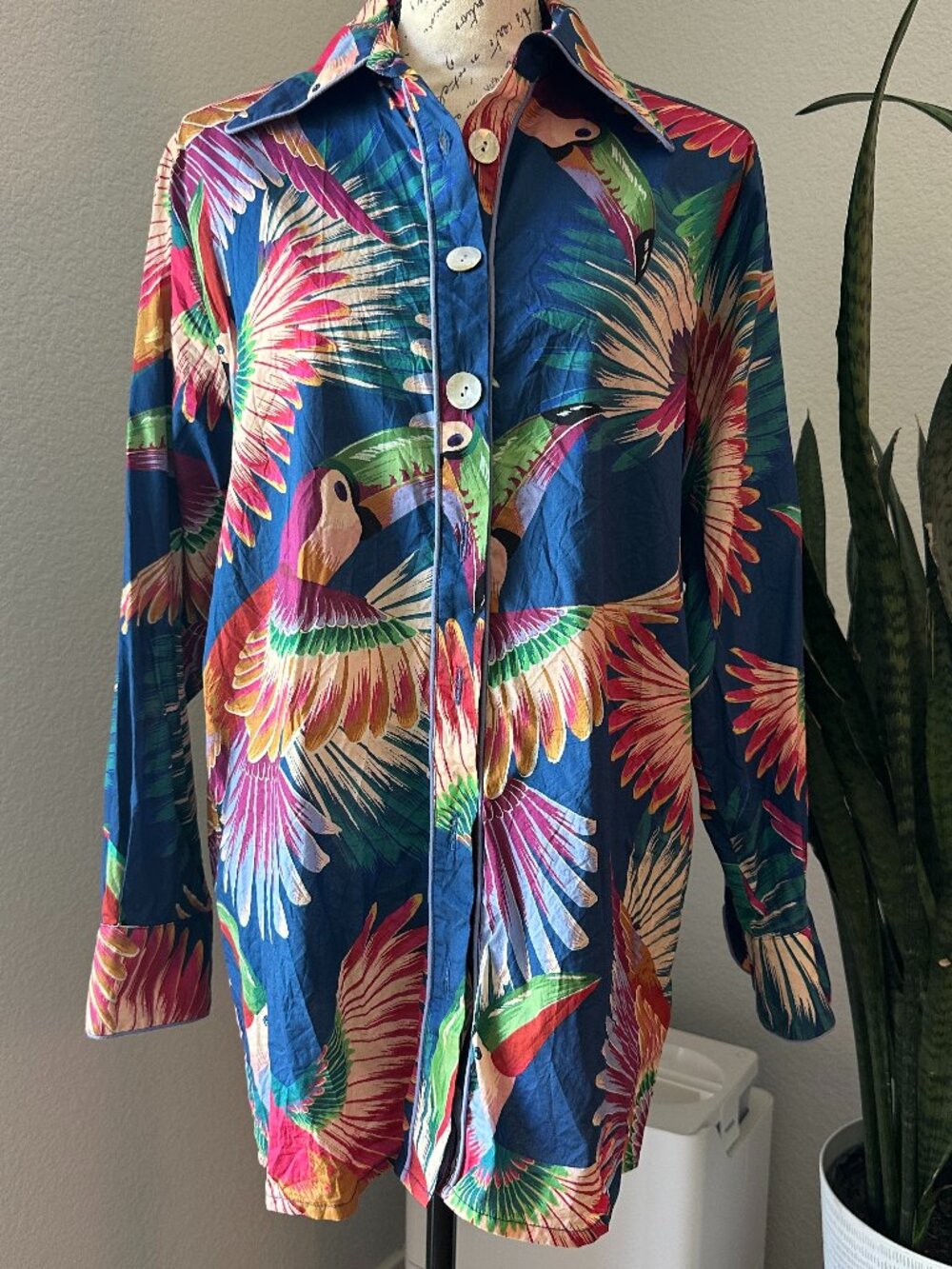FARM Rio Blue Toucan Bird Print Cotton Button Down Shirt Size S